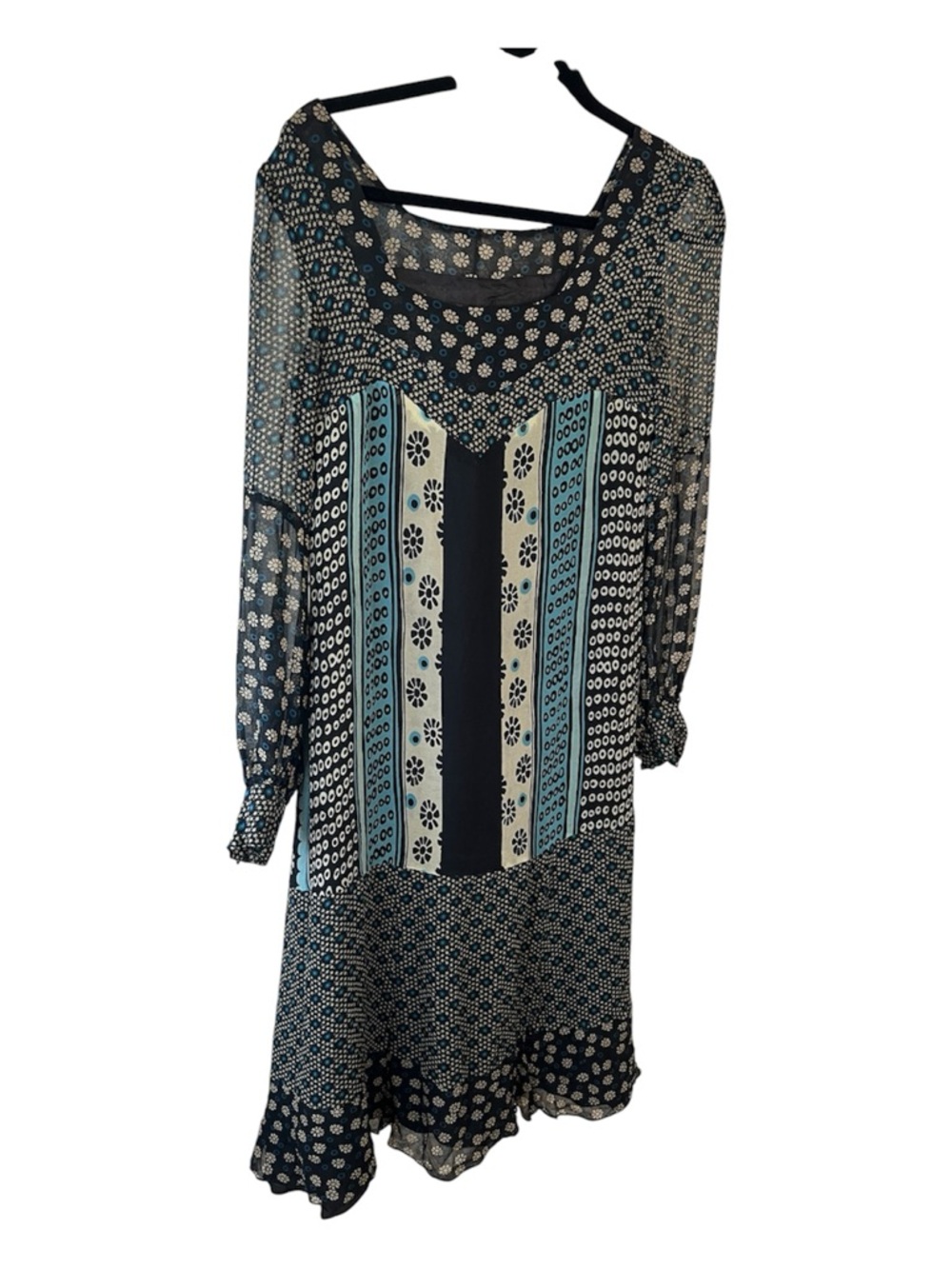 Anna Sui Silk Chiffon Bkack and Cream Mixed-Print Long Sleeve Shift Dress